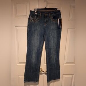 Baccini jeans embelished with studs and beads on the pockets. Size 8